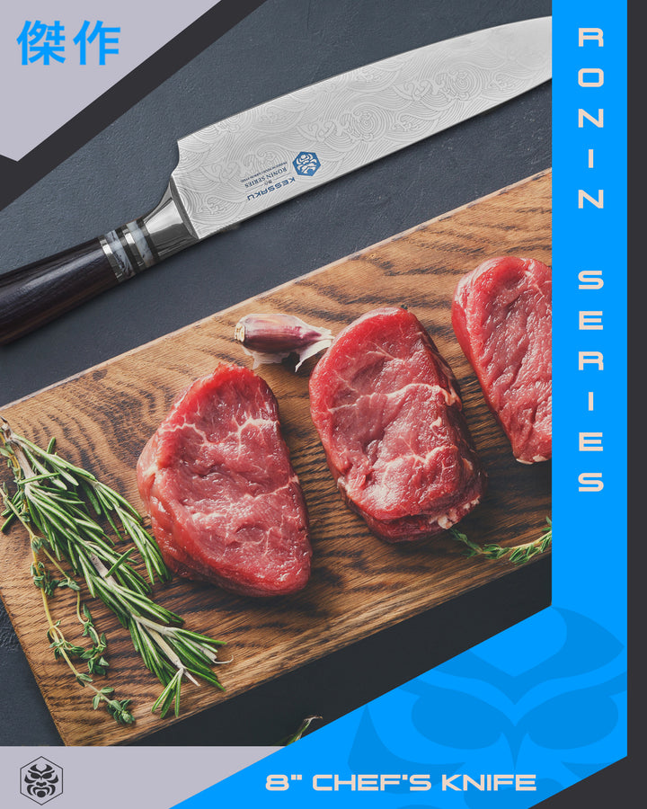 The Ronin Chef Knife with 4 filet mignon steak, garlic, and rosemary