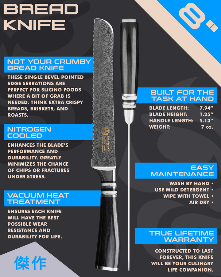 Kessaku Ronin Series Bread Knife uses, dimensions, maintenance, warranty info, and additional blade treatments