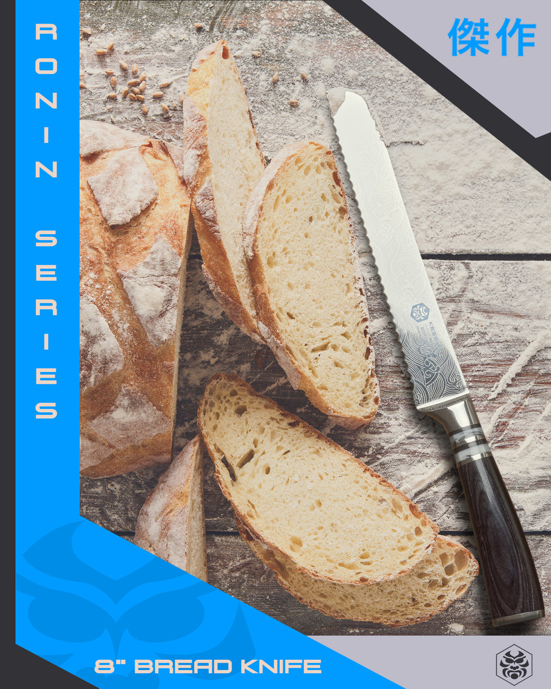 The Ronin Bread knife and thick slices of bread over flower and grains