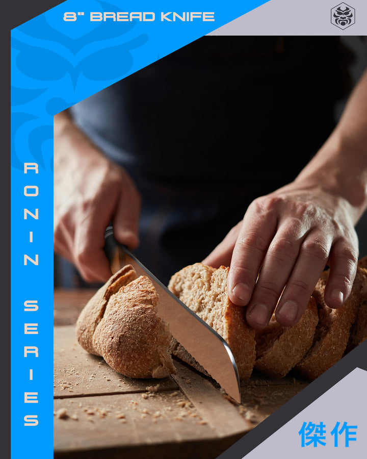A baker slicing bread for sandwiches with the Ronin Bread Knife