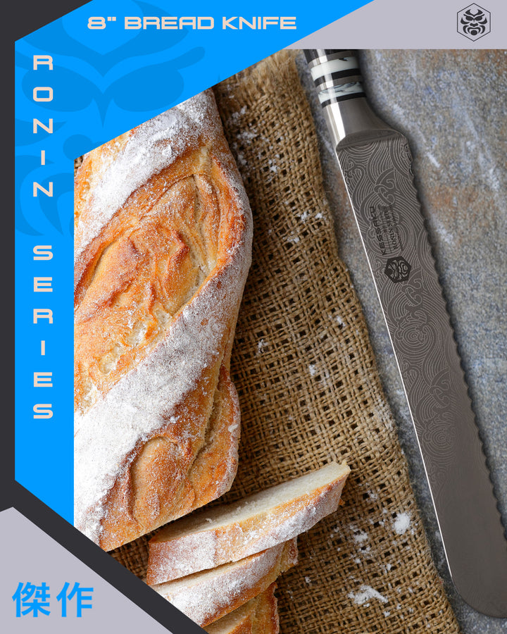 The Ronin Bread Knife and a flour-crusted load of sliced bread