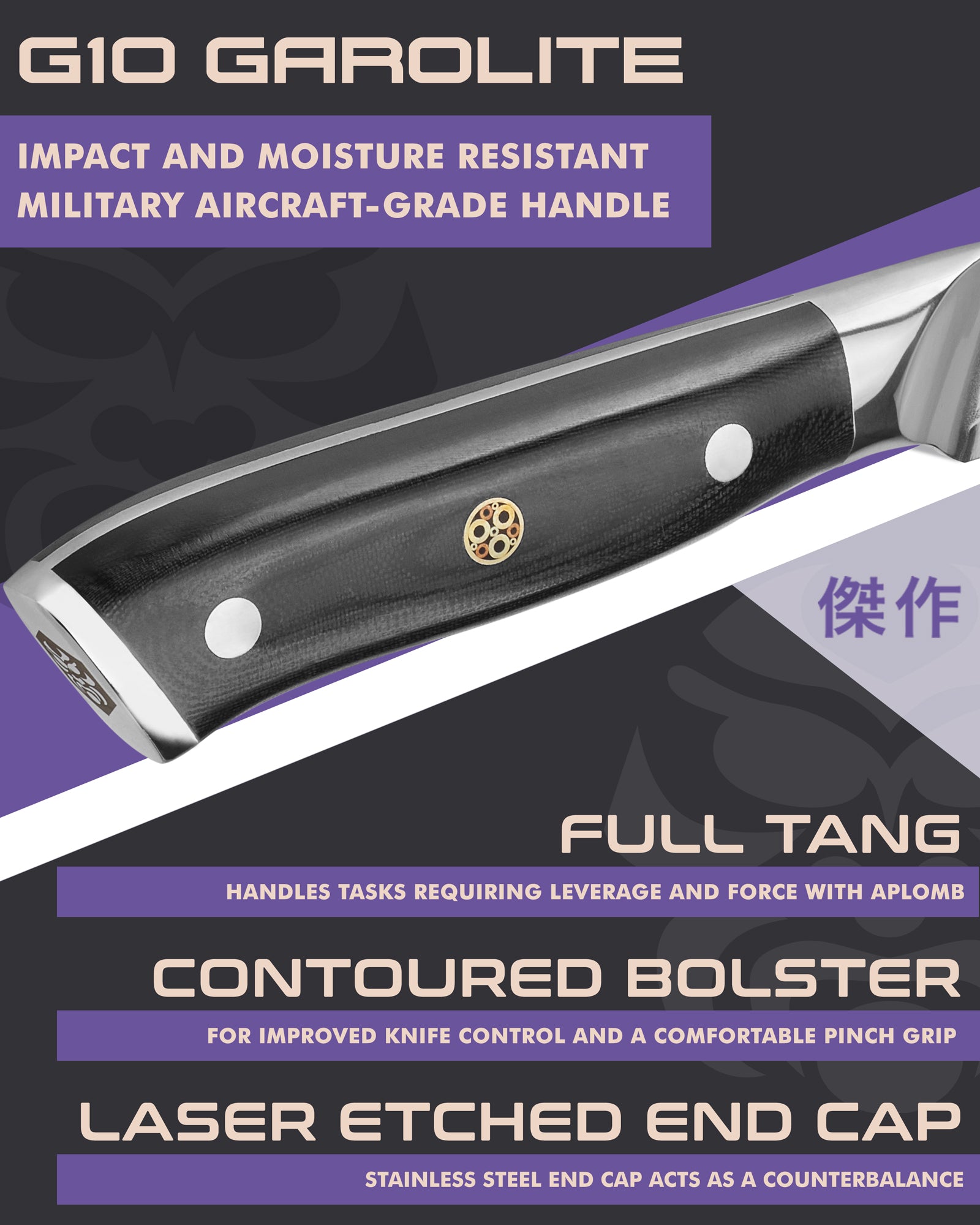 Kessaku Dynasty Damascus Carving Knife handle features: G10 handle, full tang, contoured bolster, laser etched end cap