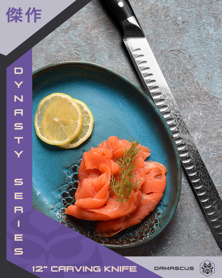 The Dynasty Damascus Carving Knife next to thinly sliced salmon and lemon