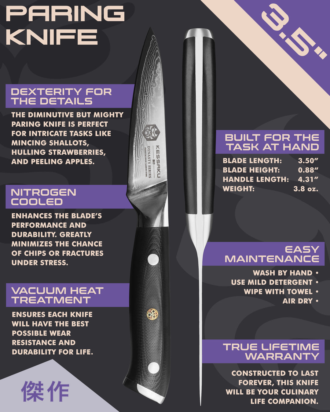Kessaku Damascus Paring Knife uses, dimensions, maintenance, warranty info, and additional blade treatments