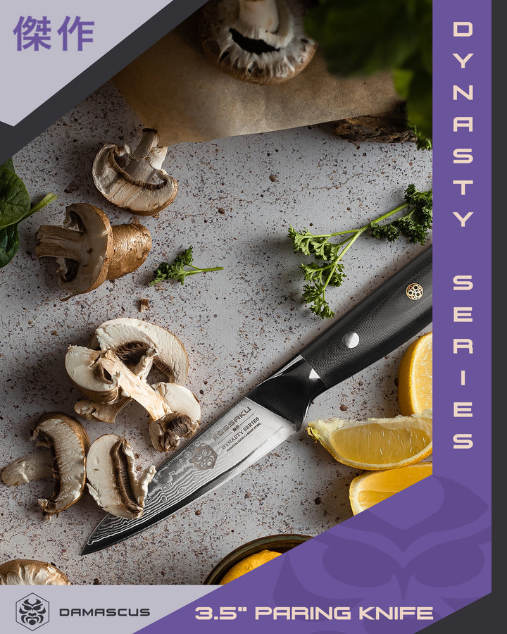 The Damascus Paring Knife with sliced mushrooms and lemons.