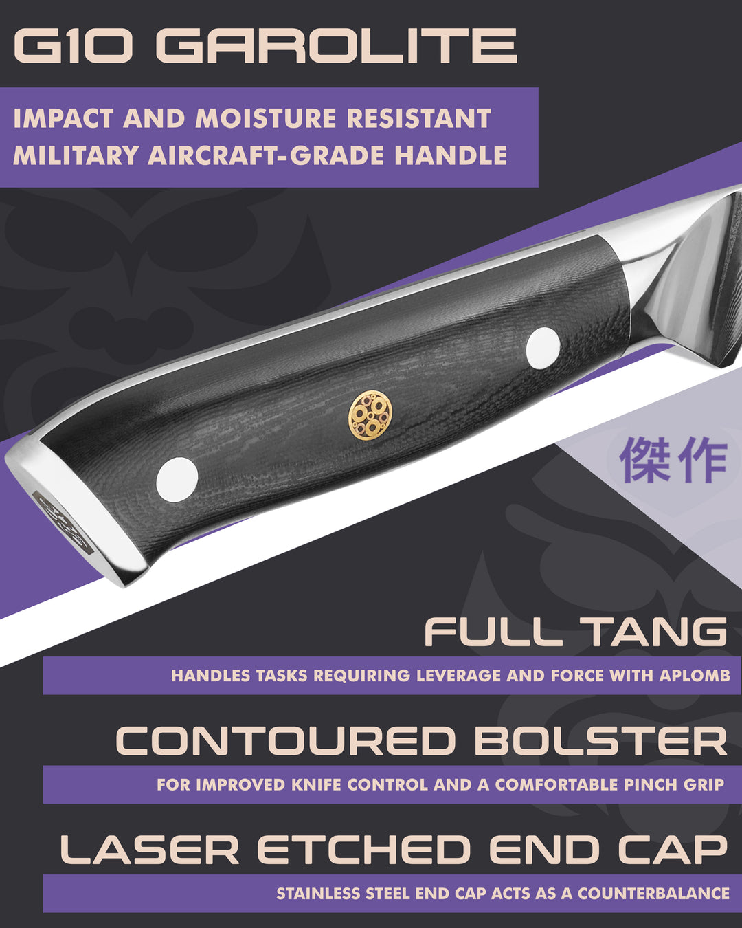 essaku Dynasty Damascus Fillet Knife handle features: G10 handle, full tang, contoured bolster, laser etched end cap