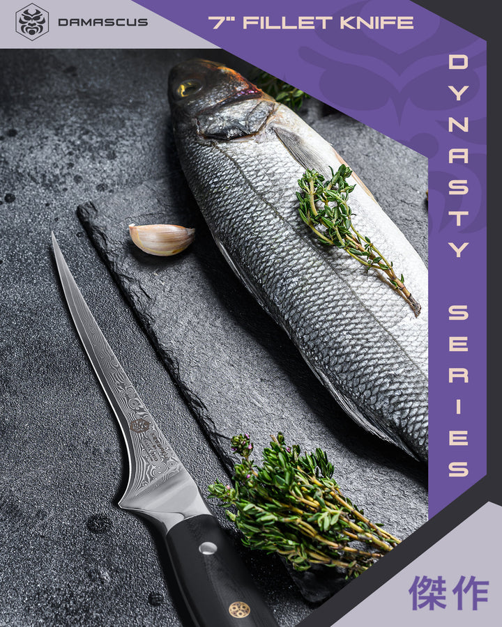 The Dynasty Damascus Fillet Knife next to a fish ready to be fileted