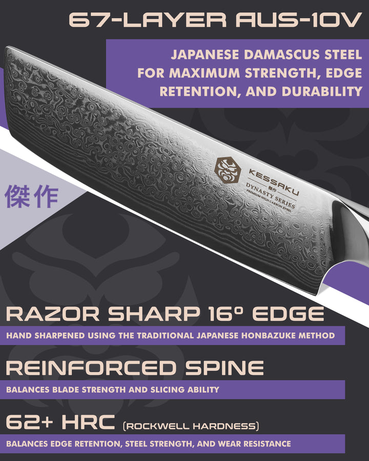 Kessaku Dynasty Damascus Nakiri Knife blade features: 67-Layer AUS 10V steel, 62+ HRC, 16 degree edge, reinforced spine