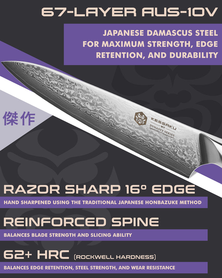 Kessaku Damascus 8-In. Chef's Knife blade features: 67-layer AUS-10V steel, 62+ HRC, 16 degree edge, reinforced spine