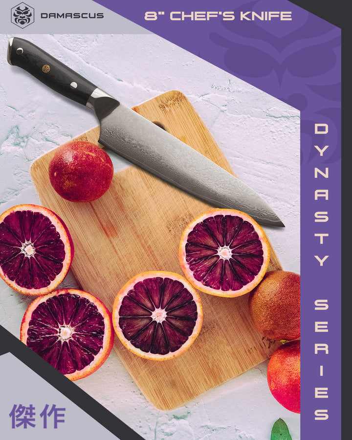 The Damascus Chef's Knife used to halve blood oranges.