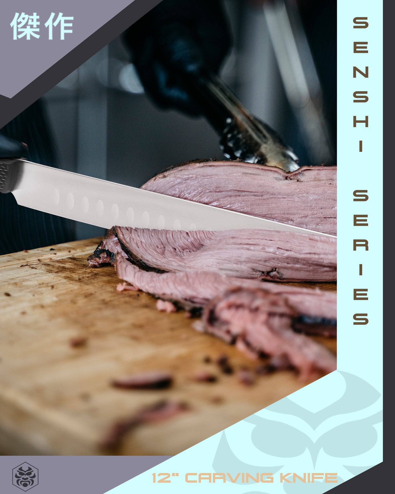 A pitmaster slices a large brisket with the Senshi Carving Knife