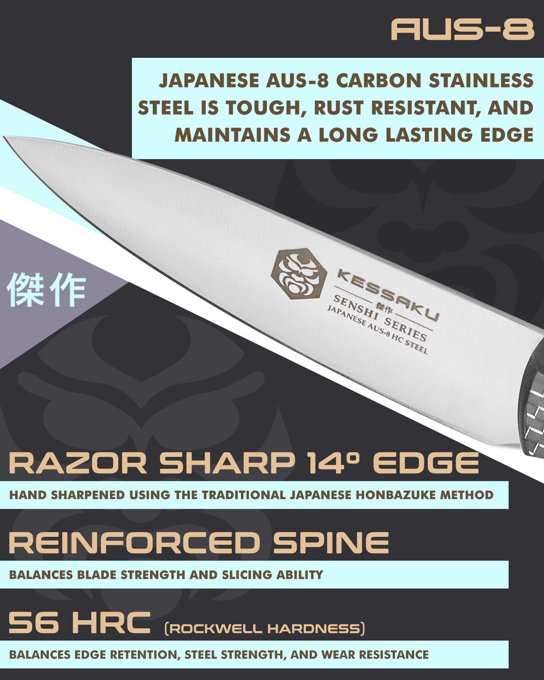 Kessaku Senshi Paring Knife blade features: AUS-8 steel, 56 HRC, 14 degree edge, reinforced spine