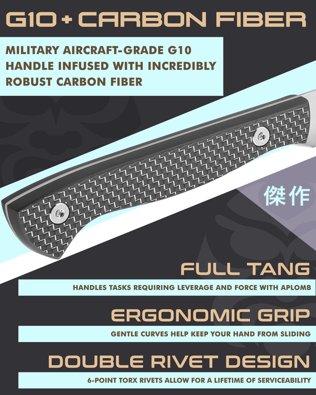 Kessaku Senshi Paring Knife handle features: Carbon fiber infused G10 handle, full tang, ergonomic grip, double torx rivet design
