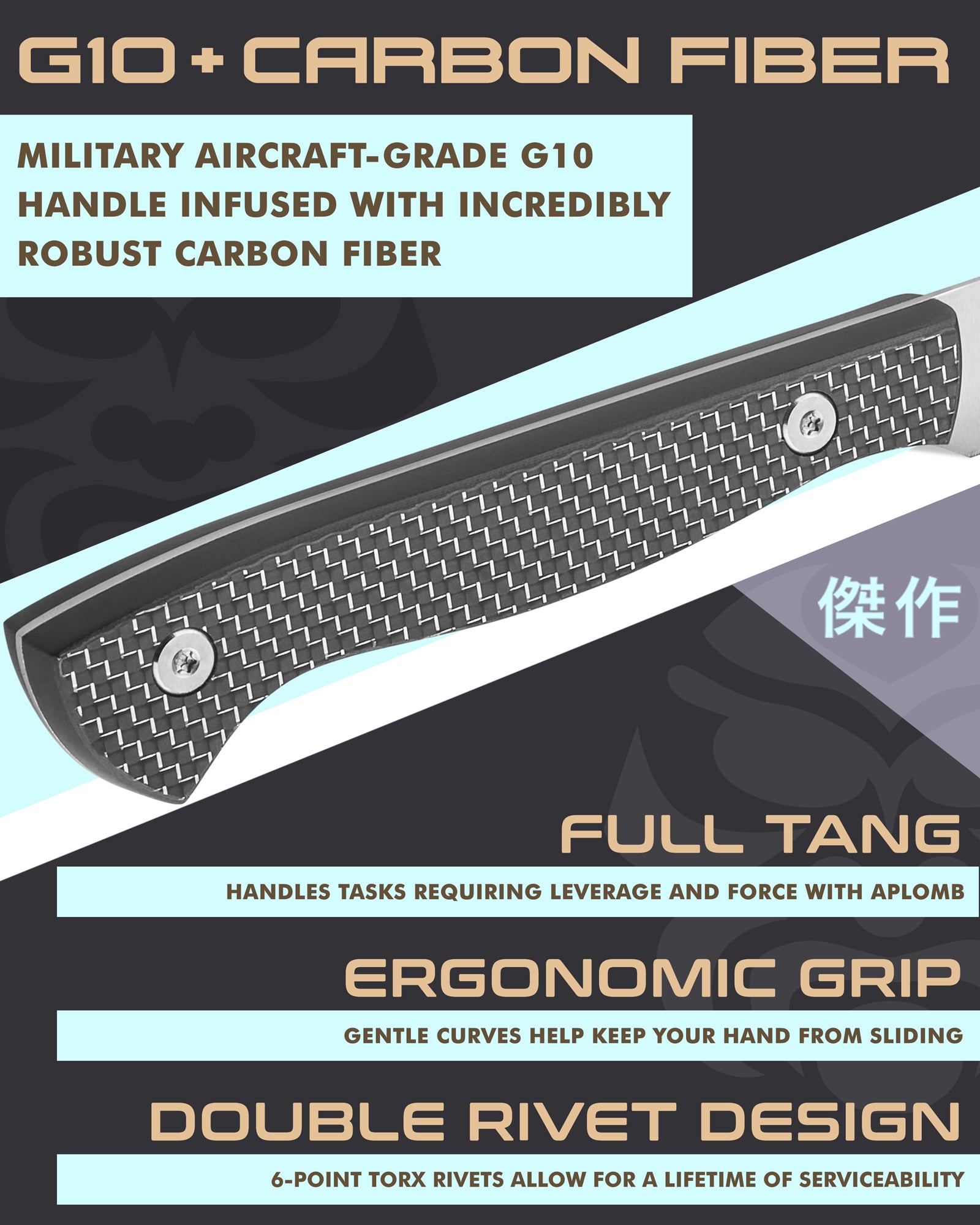 Kessaku Senshi Paring Knife handle features: Carbon fiber infused G10 handle, full tang, ergonomic grip, double torx rivet design