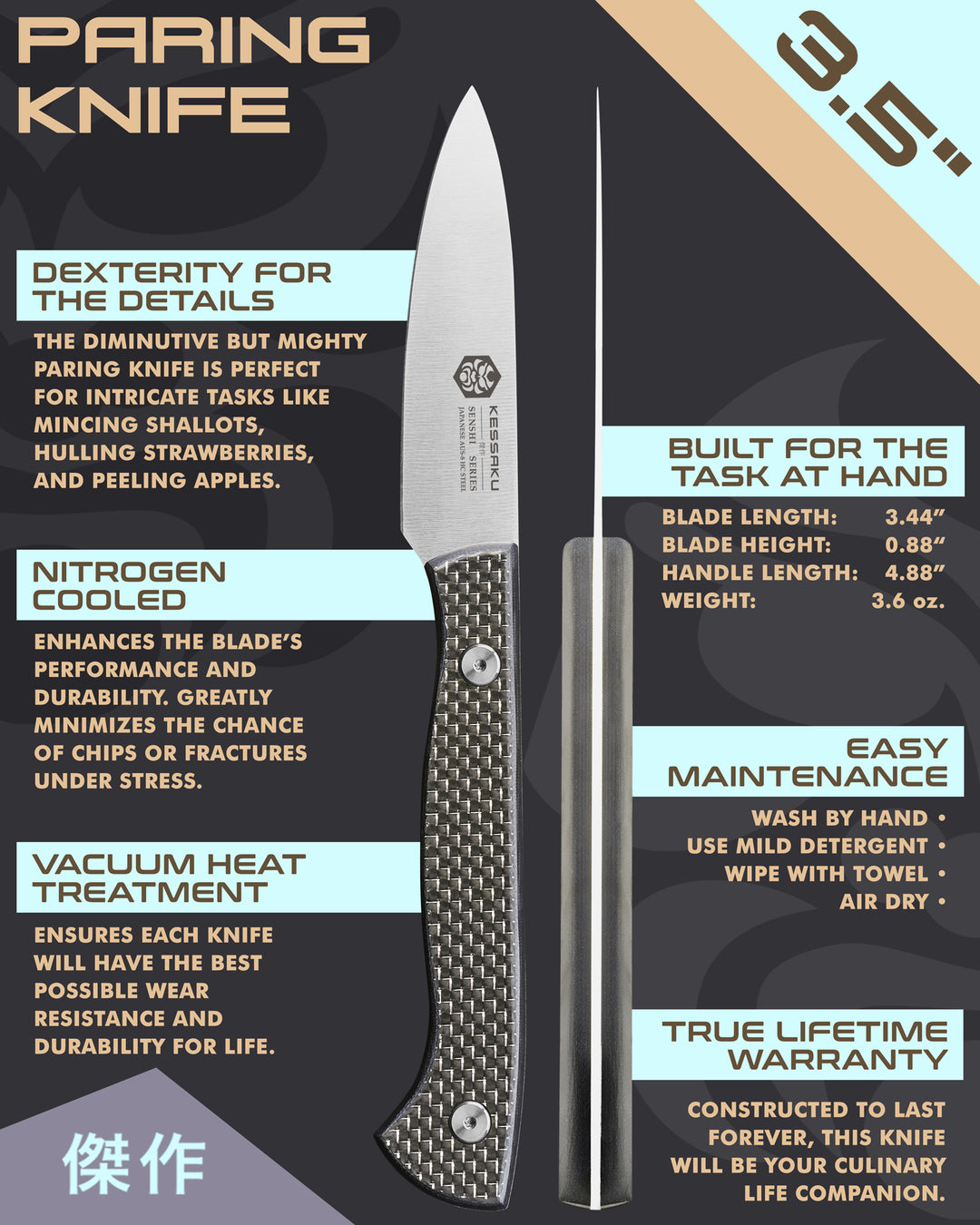 Kessaku Senshi Paring Knife uses, dimensions, maintenance, warranty info, and additional blade treatments