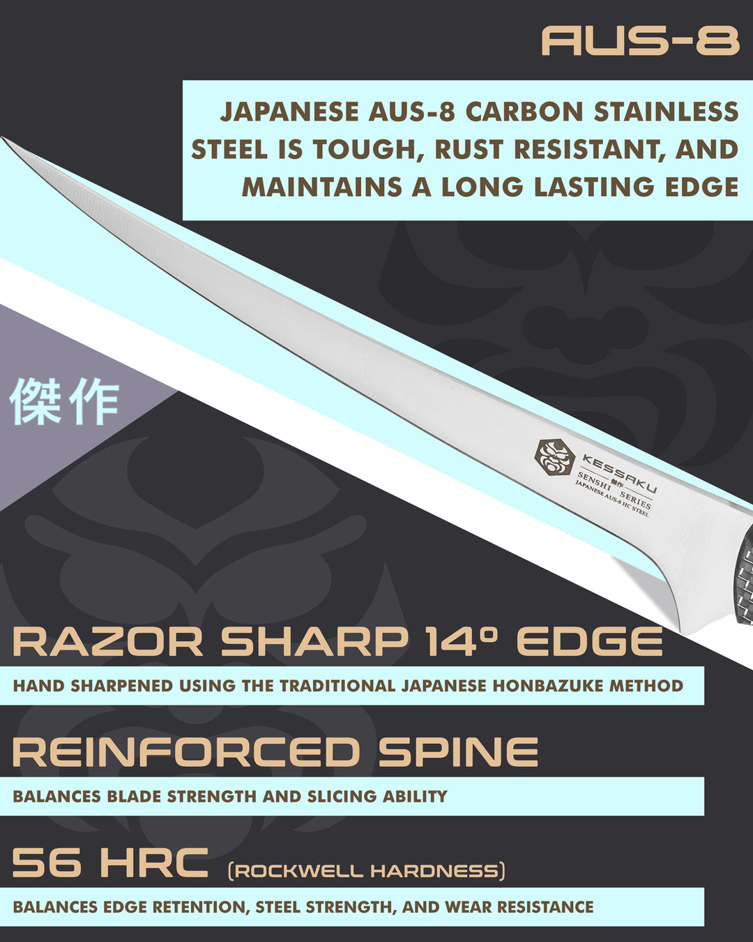 Kessaku Senshi Fillet Knife blade features: AUS-8 steel, 56 HRC, 14 degree edge, reinforced spine
