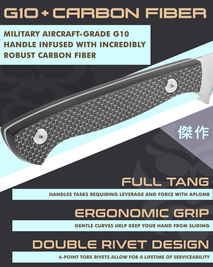 Kessaku Senshi Fillet Knife handle features: Carbon fiber infused G10 handle, full tang, ergonomic grip, double torx rivet design