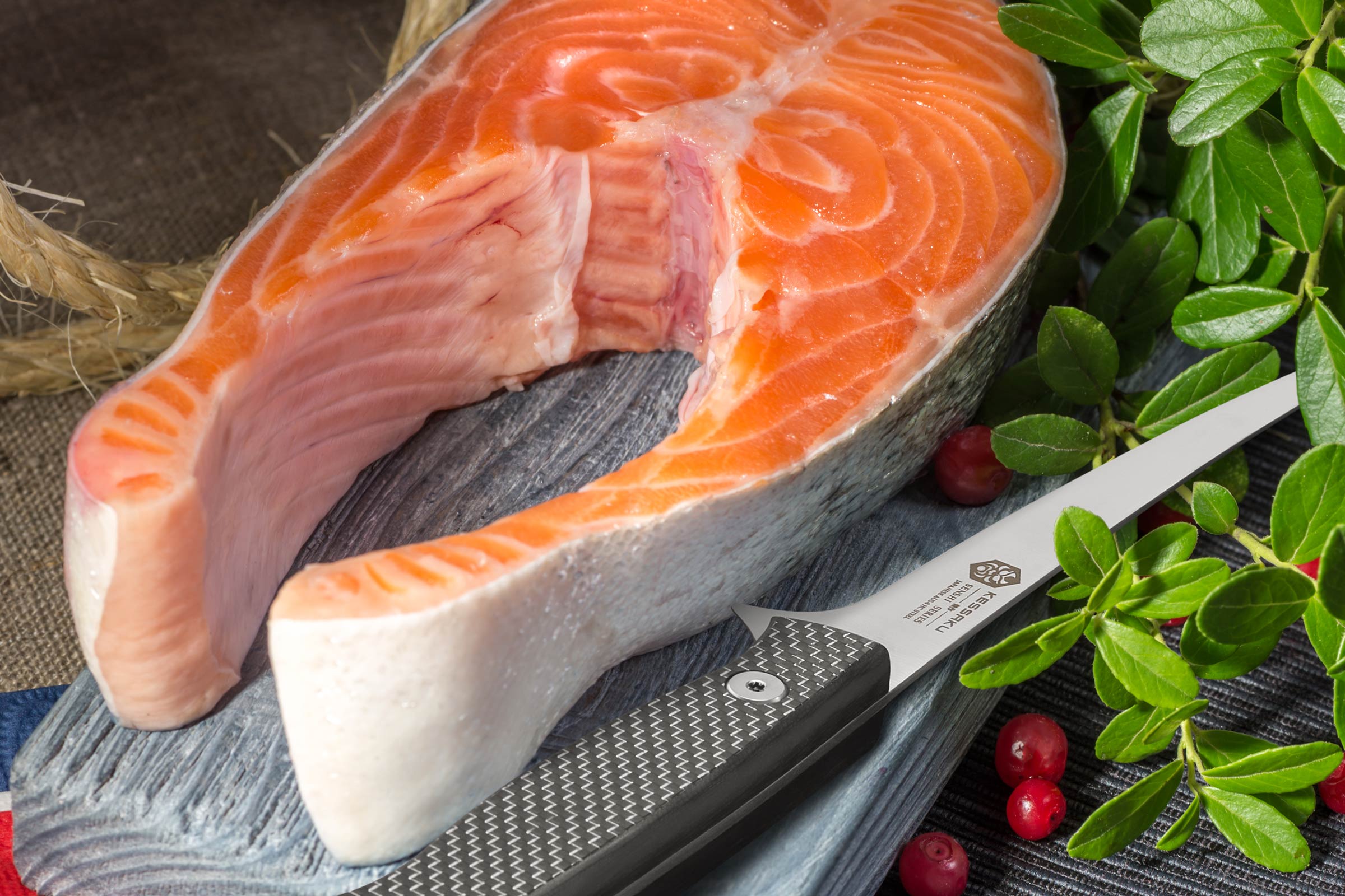 The Senshi FIllet Knife lays next to a perfect trimming king salmon.