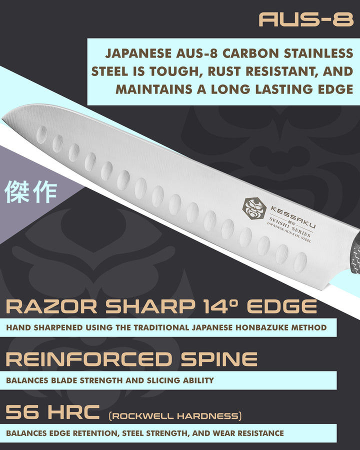 Kessaku Senshi Santoku Knife blade features: AUS-8 steel, 56 HRC, 14 degree edge, reinforced spine