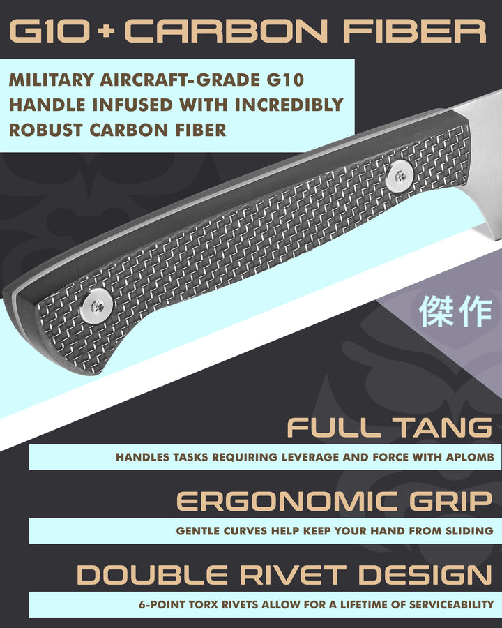 Kessaku Senshi Santoku Knife handle features: Carbon fiber infused G10 handle, full tang, ergonomic grip, double torx rivet design