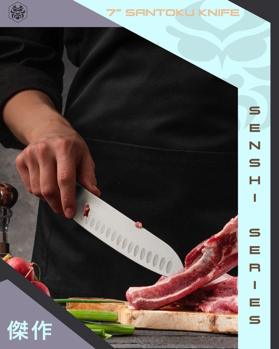 A chef prepares a meal with steak, radishes, and celery with the Senshi Santoku Knife