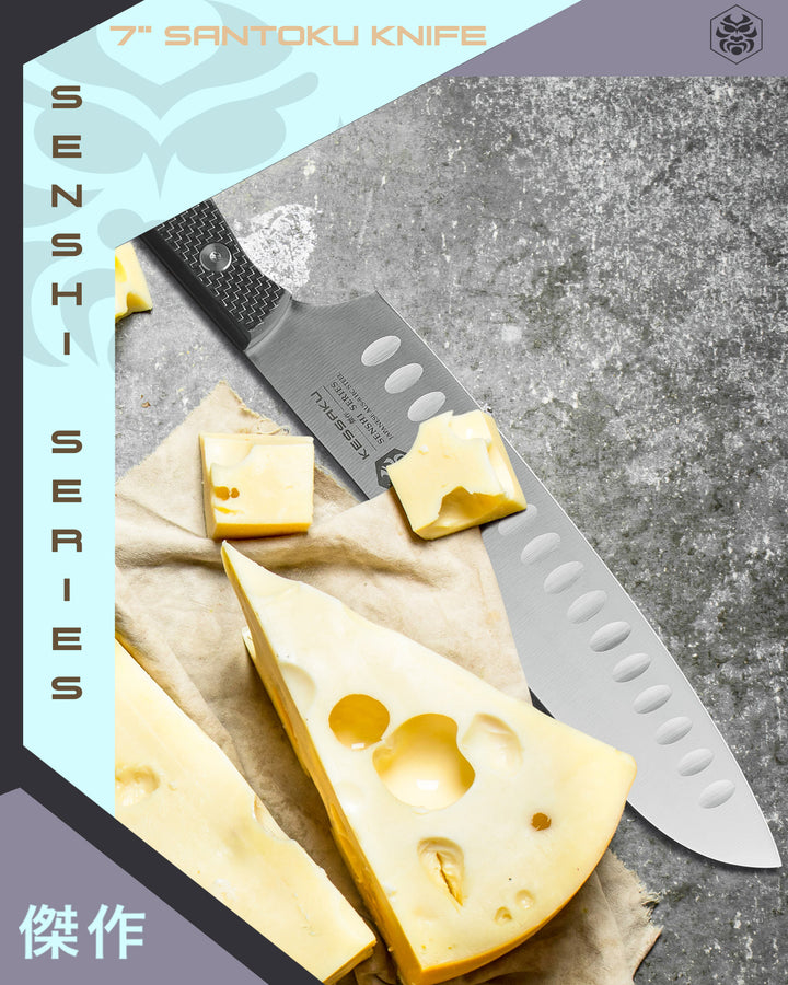 The Senshi Santoku with sliced and cubed swiss cheese