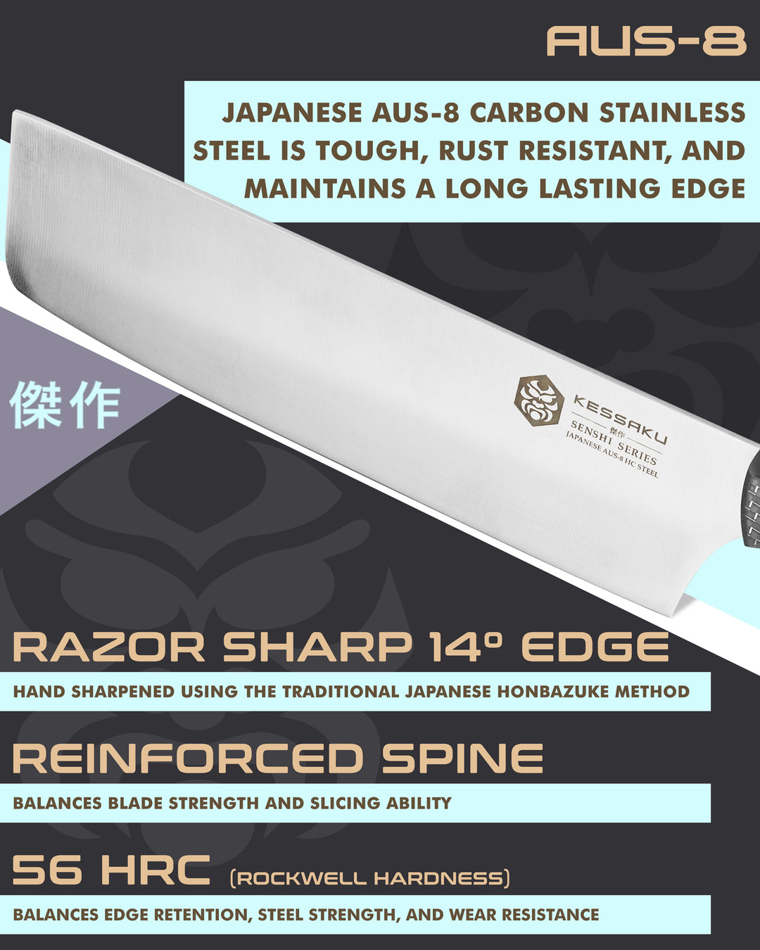 Kessaku Senshi Nakiri Knife blade features: AUS-8 steel, 56 HRC, 14 degree edge, reinforced spine