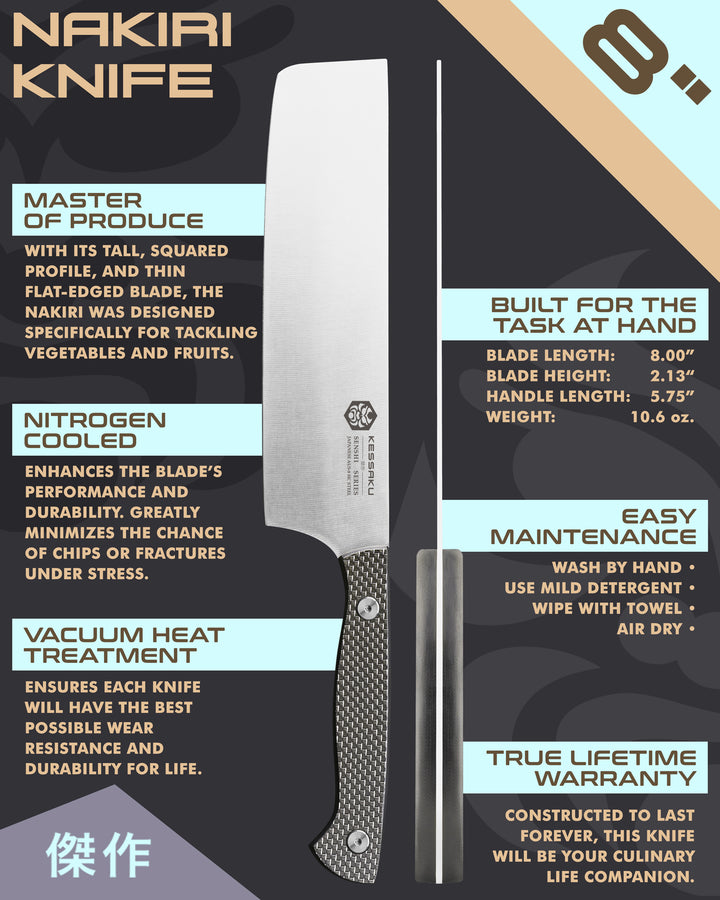 Kessaku Senshi Nakiri Knife uses, dimensions, maintenance, warranty info, and additional blade treatments