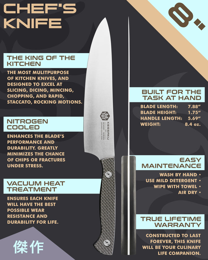 Kessaku Senshi Chef's Knife uses, dimensions, maintenance, warranty info, and additional blade treatments