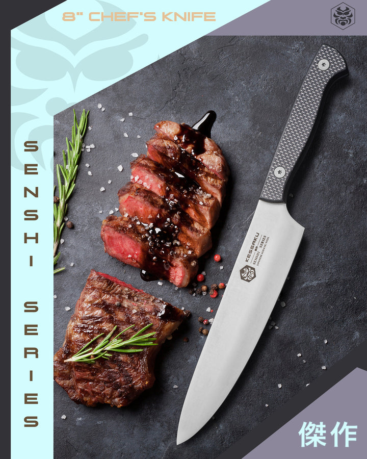 Slices of medium rare steak, rosemary, seasoning, and the Senshi Chef's Knife