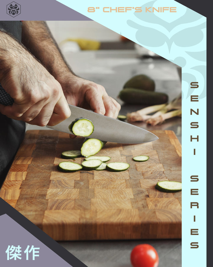A man slices cucumber with the Senshi Chef Knife