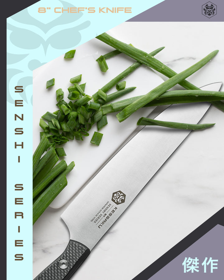 The Senshi Chef Knife next to chopped green onions