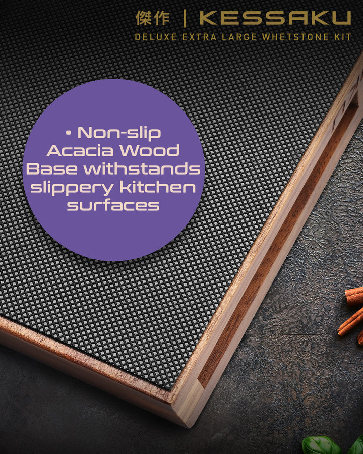 The included non-slip acacia wood base is able to withstand slippery surfaces.