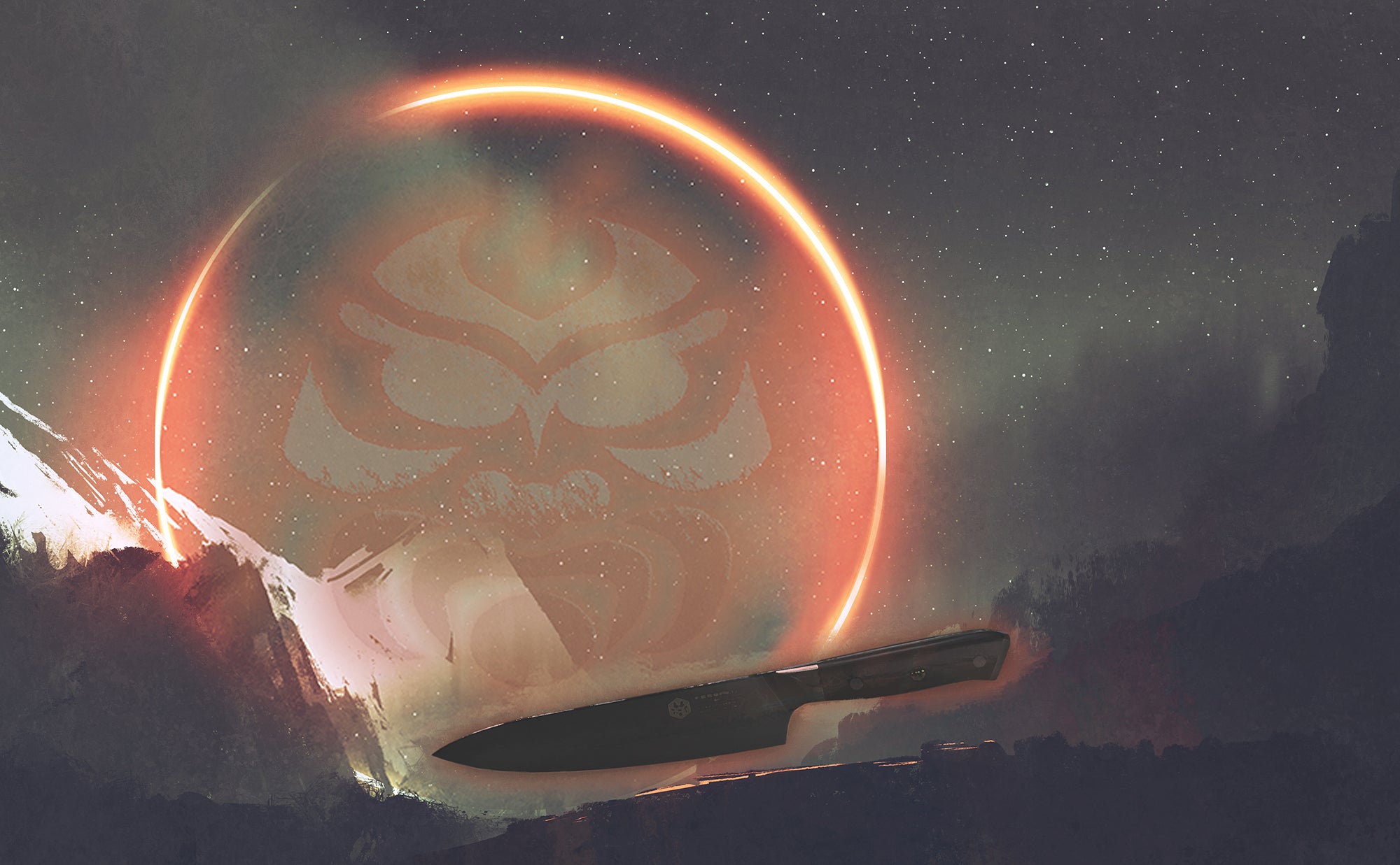 An illustration of the Kessaku logo as a glowing apparition creating a Damascus Dynasty Series Knife
