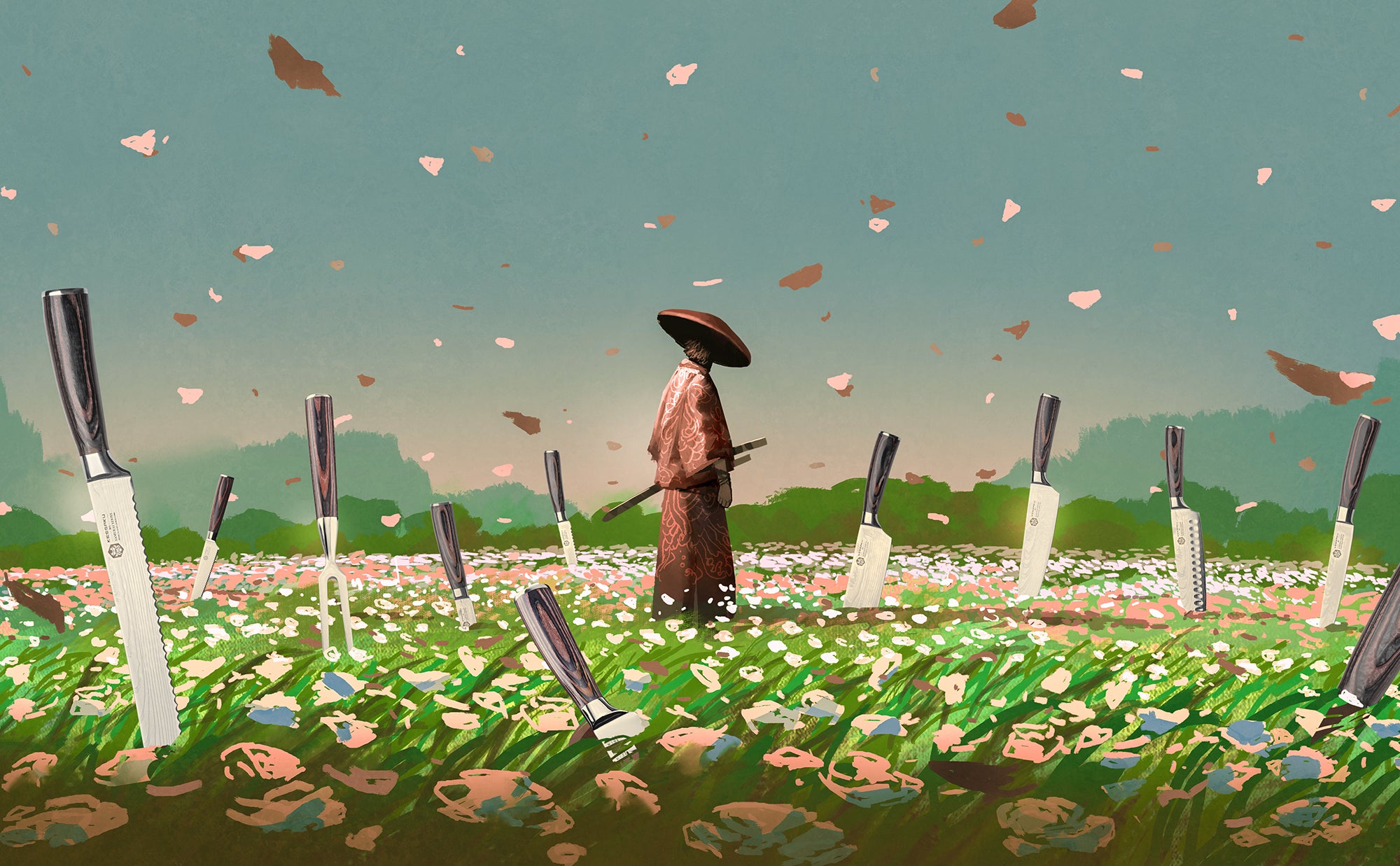An illustration of a Samurai warrior in a field with the Samurai Series Knives piercing the ground.