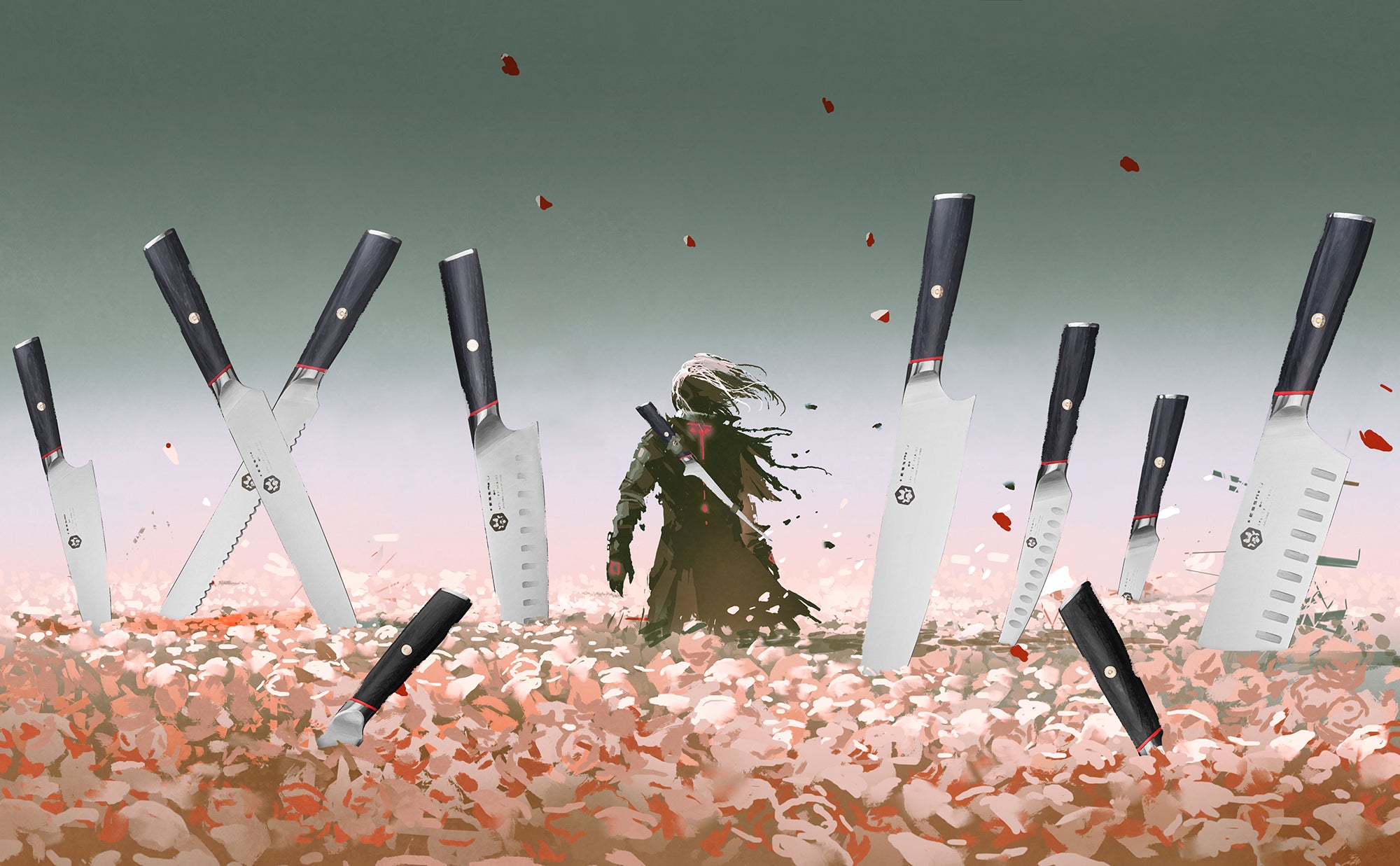 An illustration of a Samurai warrior in a cherry blossom covered field with the Spectre Series Knives piercing the ground.