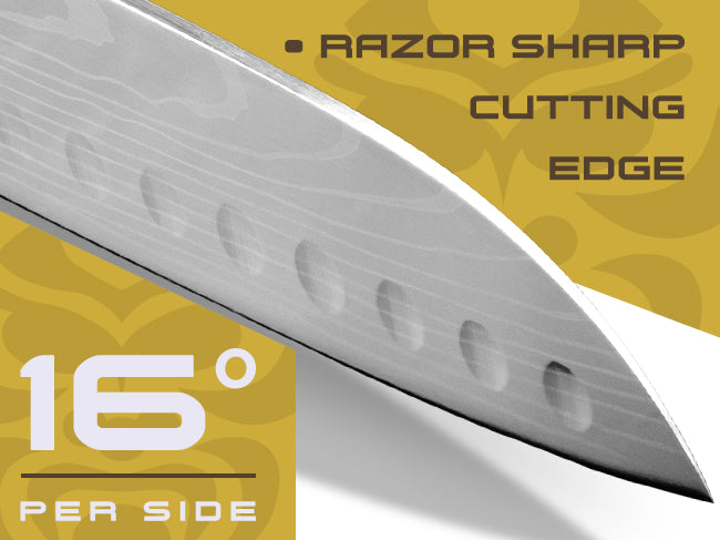 The blade's cutting edge is sharpened to 16 degrees per side.