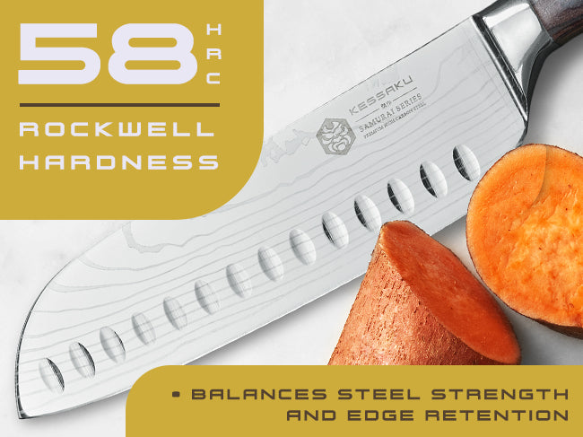 The steel has a Rockwell hardness of 58 (HRC)