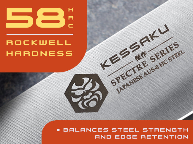 Spectre knives' AUS-8 steel has a Rockwell hardness of 58 (HRC)