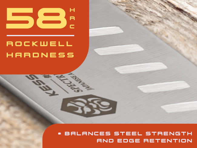 Spectre knives' AUS-8 steel has a Rockwell hardness of 58 (HRC)