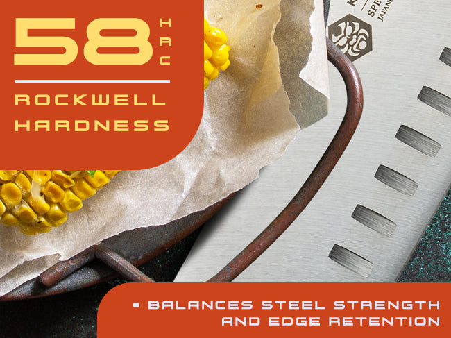 Spectre knives' AUS-8 steel has a Rockwell hardness of 58 (HRC)