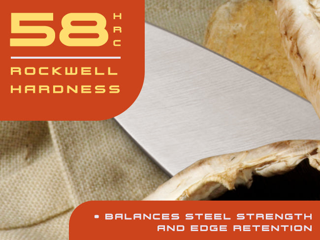 Spectre knives' AUS-8 steel has a Rockwell hardness of 58 (HRC)