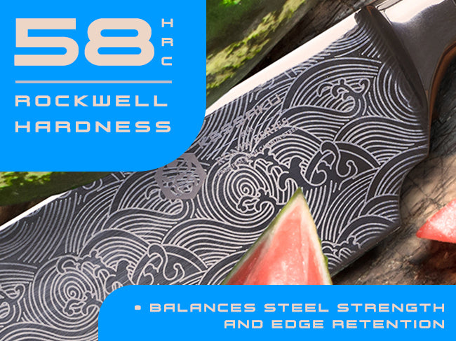 Ronin knives' 7Cr17MoV steel has a Rockwell hardness of 58 (HRC)