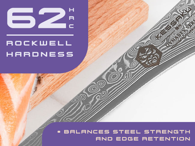 Damascus Dynasty knives' AUS-10V steel has a Rockwell hardness of 62 (HRC)