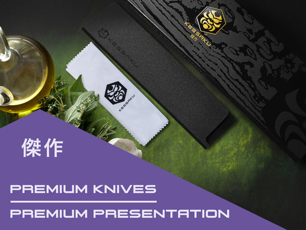 Includes a premium gift box, blade guard and polishing cloth 