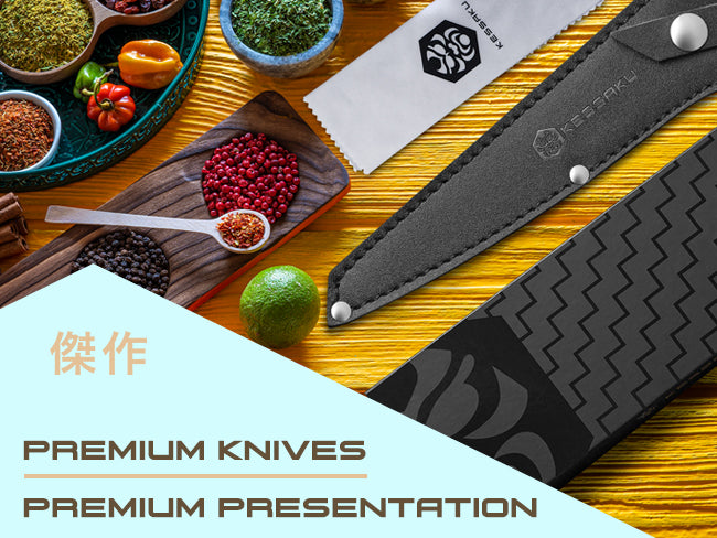 Senshi Series Knives come in a gift box with a custom leather knife sheath and polishing cloth.