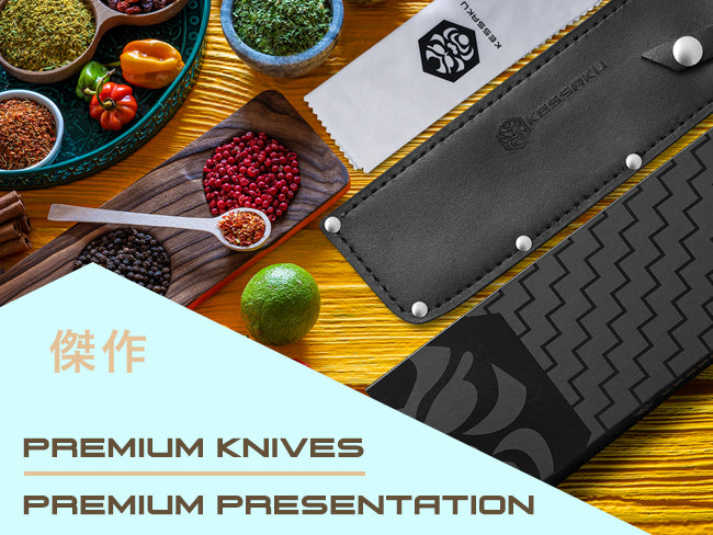 Senshi Series knives come in a premium gift box, and include a custom leather knife sheath and polishing cloth.