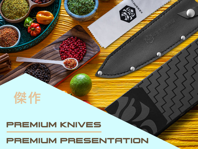 The Senshi Series Chef's Knife comes in a gift box and includes a leather knife sheath and polishing coth.