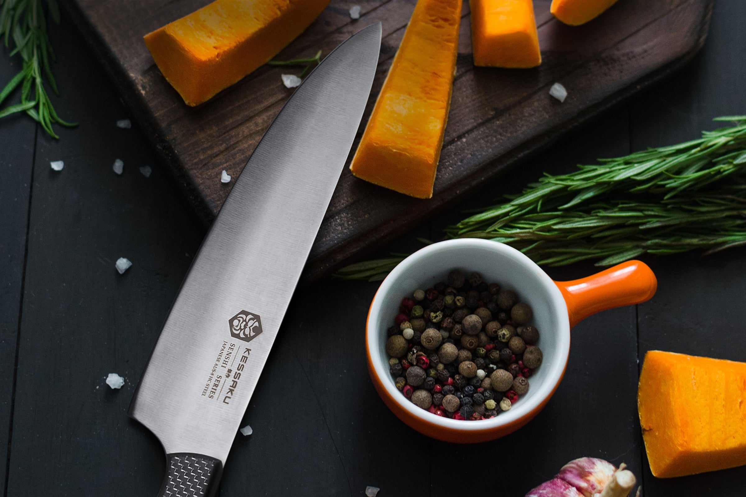 The Senshi Chef's Knife used to slice large cuts of pumpkin.