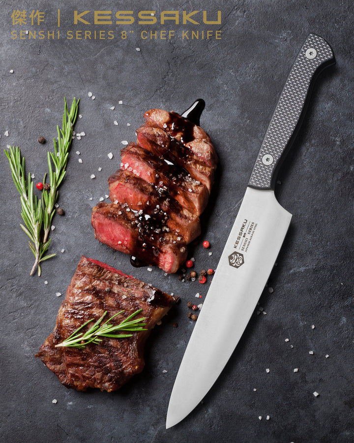 The Senshi Chef Knife after slicing a medium rare steak